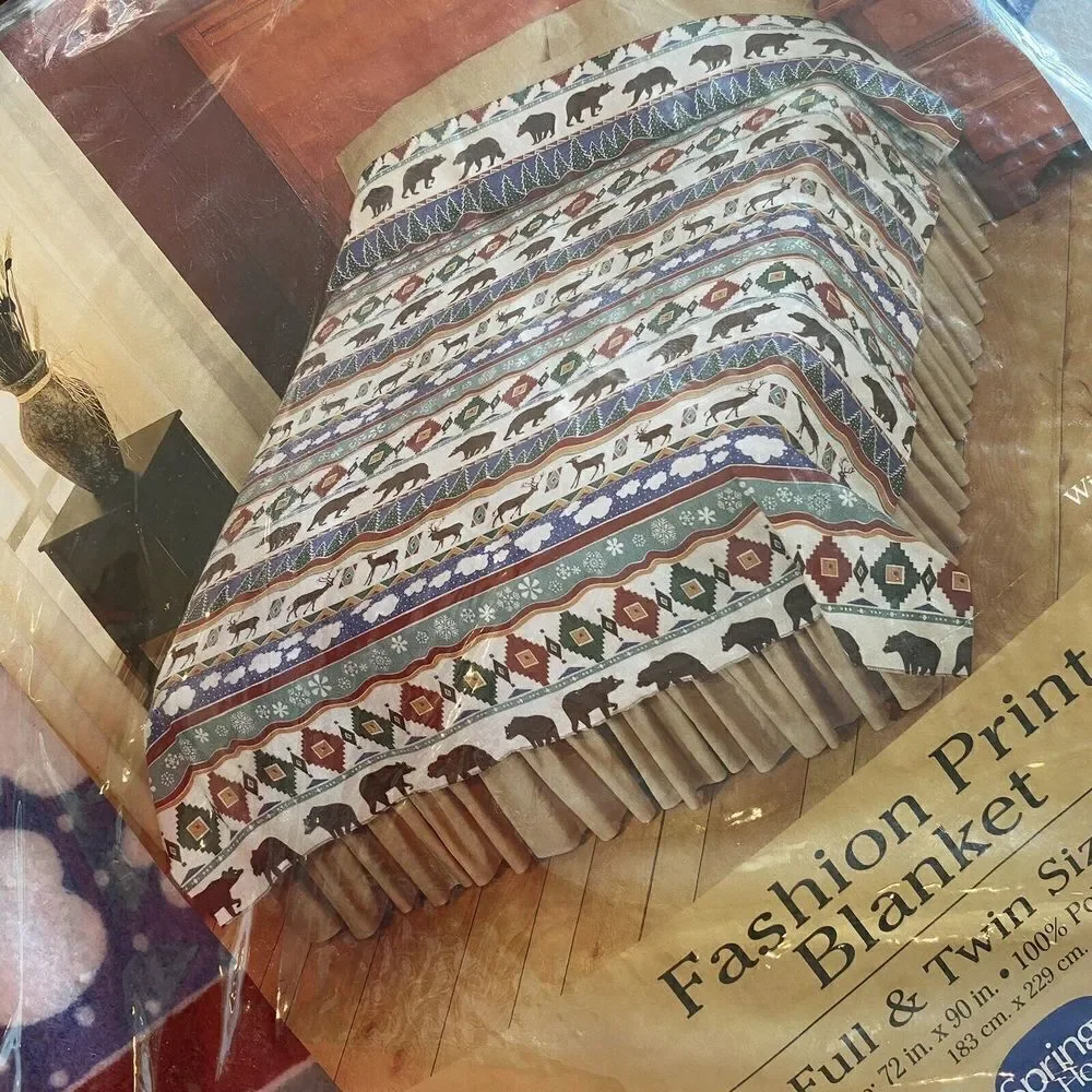 NEW Vintage Aztec Blanket Twin Full Snow Trees Bears Deer Outdoor 72x90” USA spr